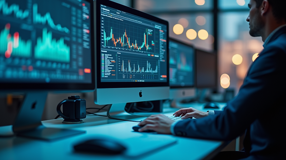 Eye-level view of a modern office workspace with multiple computer screens displaying data dashboards