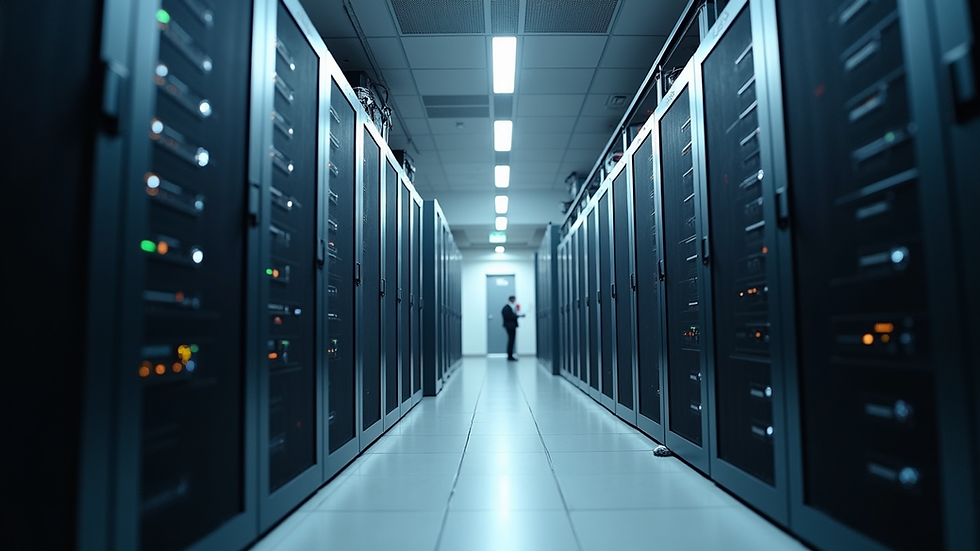Eye-level view of a modern office server room with racks of equipment