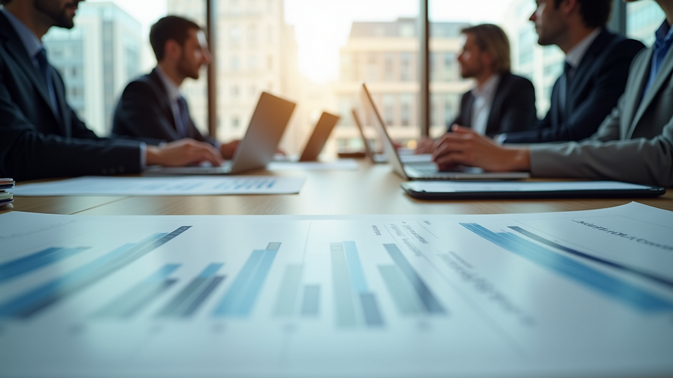 Eye-level view of a business meeting with charts and laptops on the table