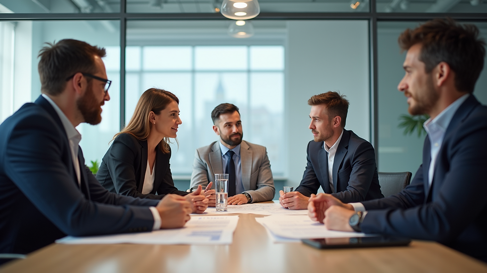 Eye-level view of a modern office meeting room with a team discussing project plans