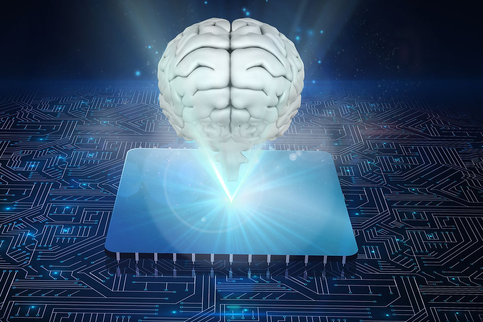 A digital brain hovers over a glowing microchip, emitting rays of light in a dark circuit board setting, symbolizing AI technology.