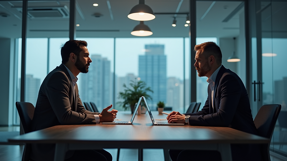 Eye-level view of a modern office with a CTO and CIO discussing technology strategy