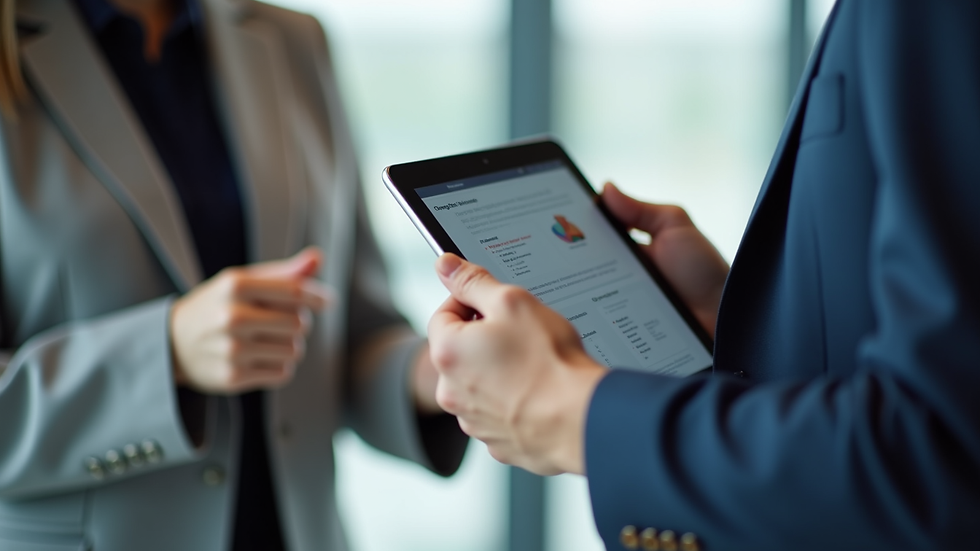Close-up view of a consultant presenting change management strategies on a digital tablet
