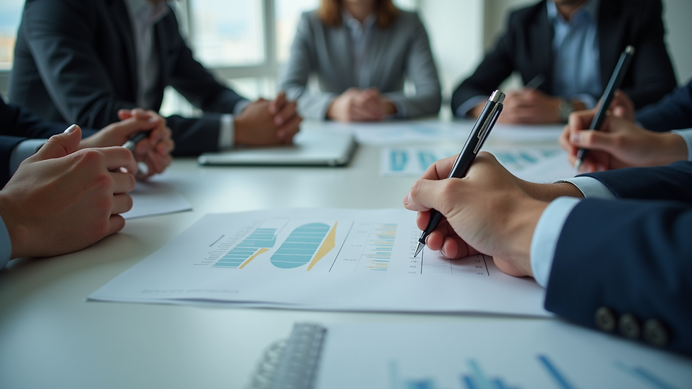 Eye-level view of a business meeting discussing ERP implementation plans