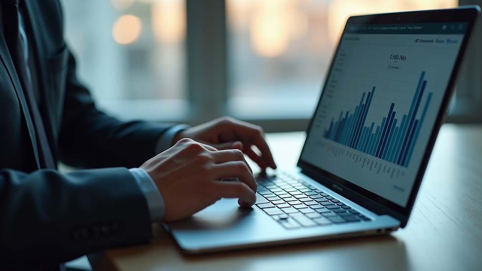 Close-up view of a project manager reviewing digital transformation metrics on a laptop