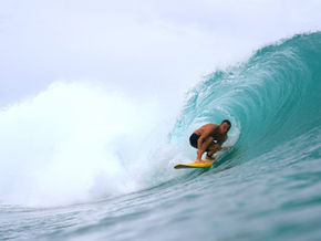 sean lascelles in the barrel at macaronis riding a 6 foot eight Cord Sunseeker surfboard
