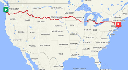 A picture of the US mapping out the route from Seaside,OR to Montauk, NY