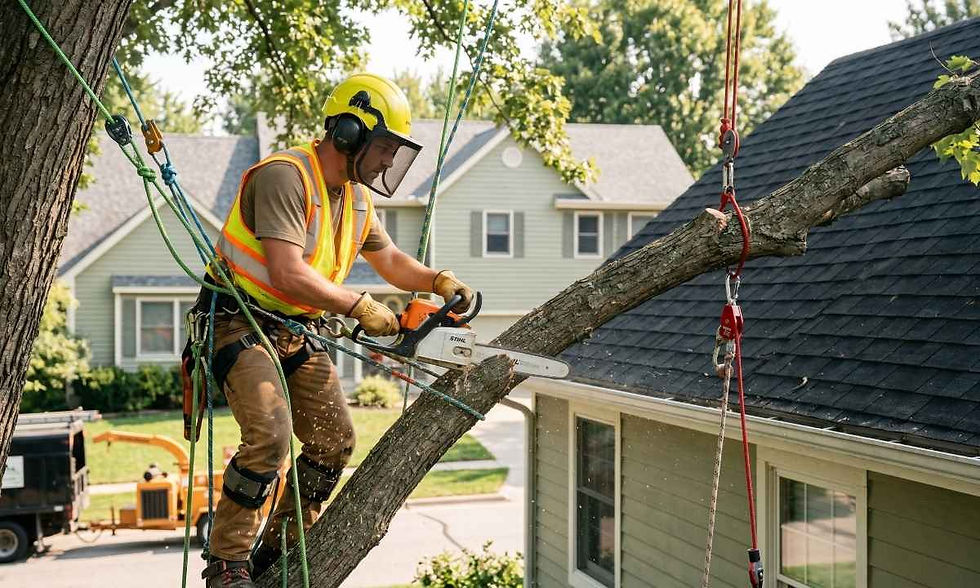 A certified professional arborist performing tree trimming to protect a home from storm hazards.