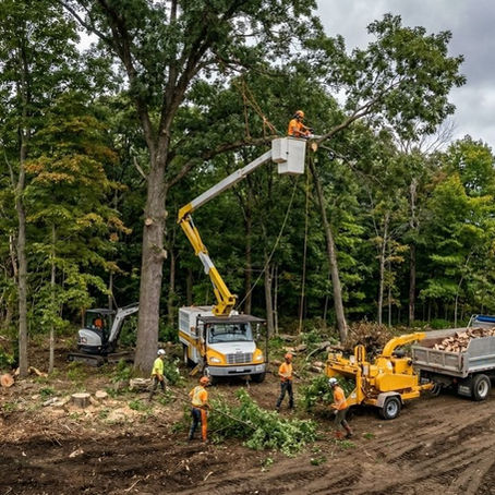 ISA-certified arborist crew performing professional land clearing for construction in Elgin County using a bucket truck