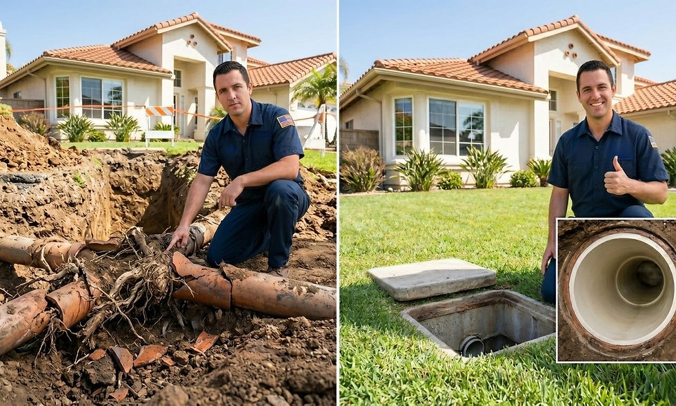 Comparison of a damaged clay sewer pipe with root intrusion next to a new trenchless pipe lining repair in Orange County, CA