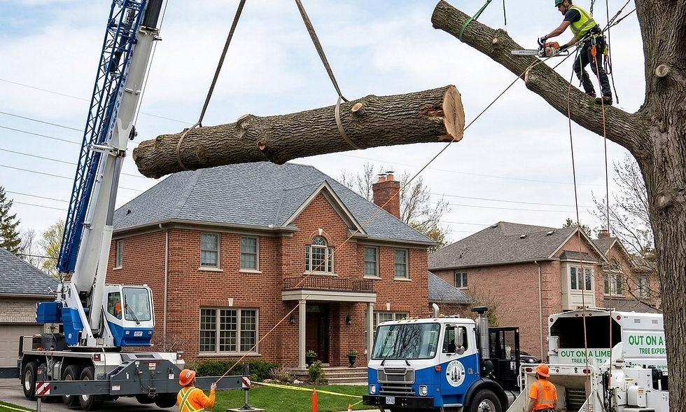 A heavy-duty crane safely lifting a large, severed tree section over a house during a complex emergency tree removal operation.