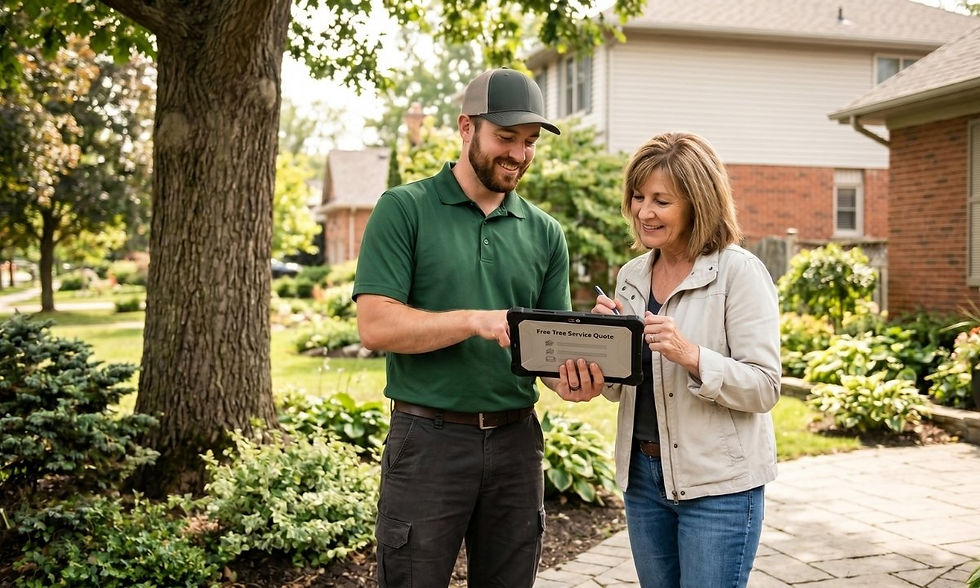 ISA-certified arborist from Out on a Limb Tree Experts providing a free stump grinding quote to a homeowner in London, Ontario