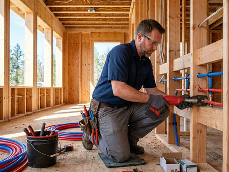 Plumber installing PEX pipes during rough-in plumbing phase in a new construction home