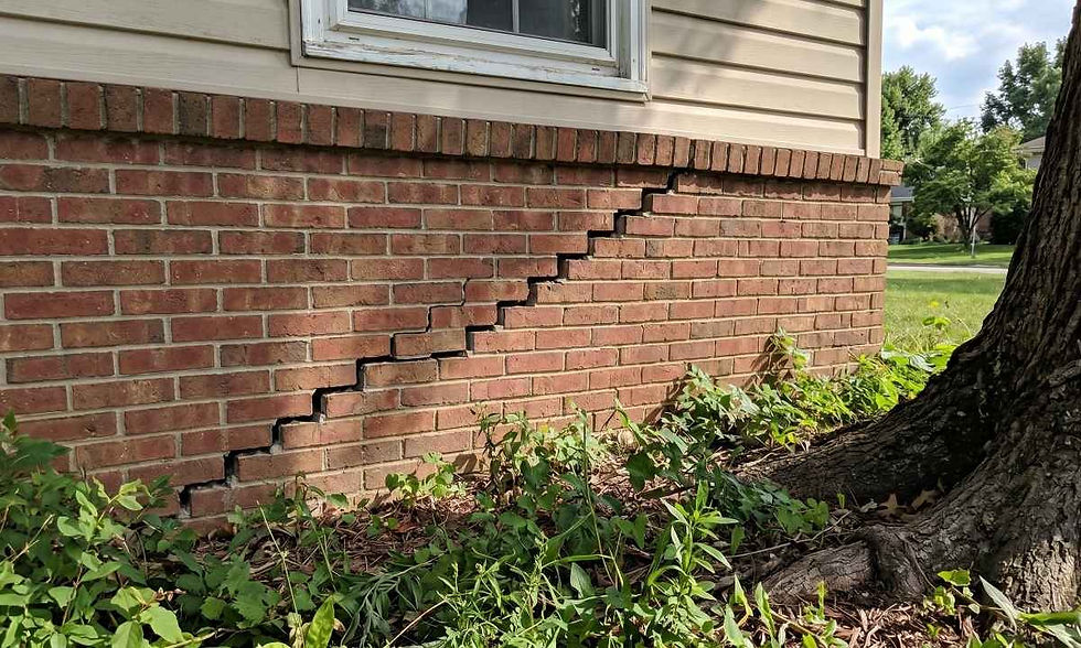 Severe stair-step crack in a brick home foundation caused by tree root soil subsidence and shifting concrete.