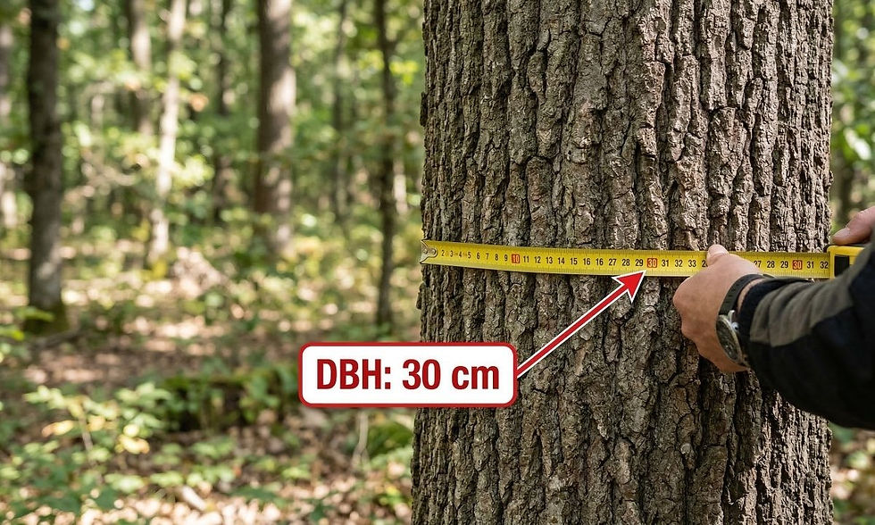 Demonstration of how to measure a 30 cm tree trunk diameter to comply with St. Thomas municipal tree by-laws.