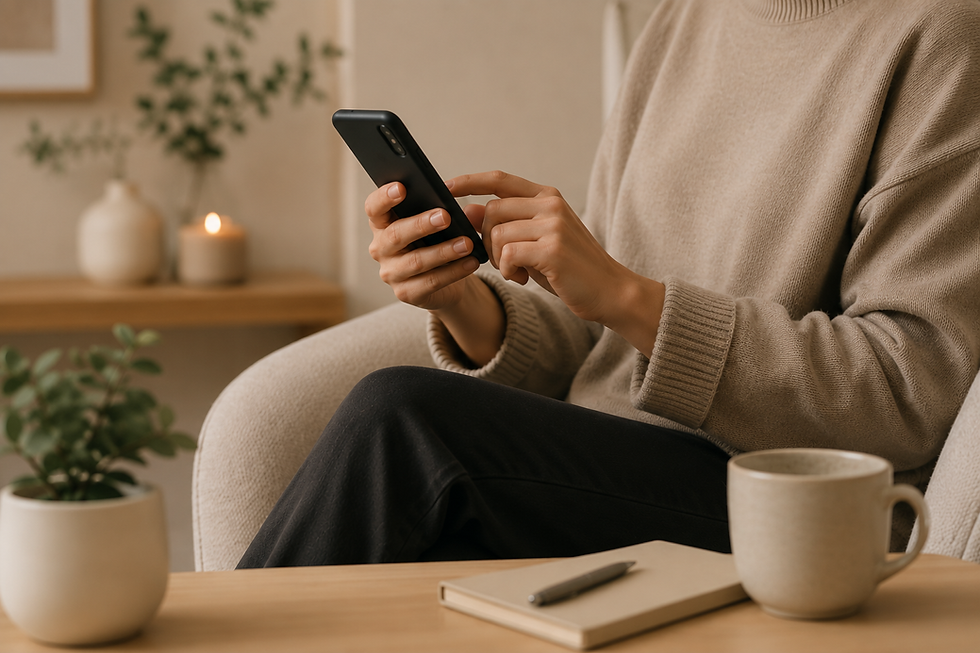 Person in a beige sweater using a smartphone in a cozy room