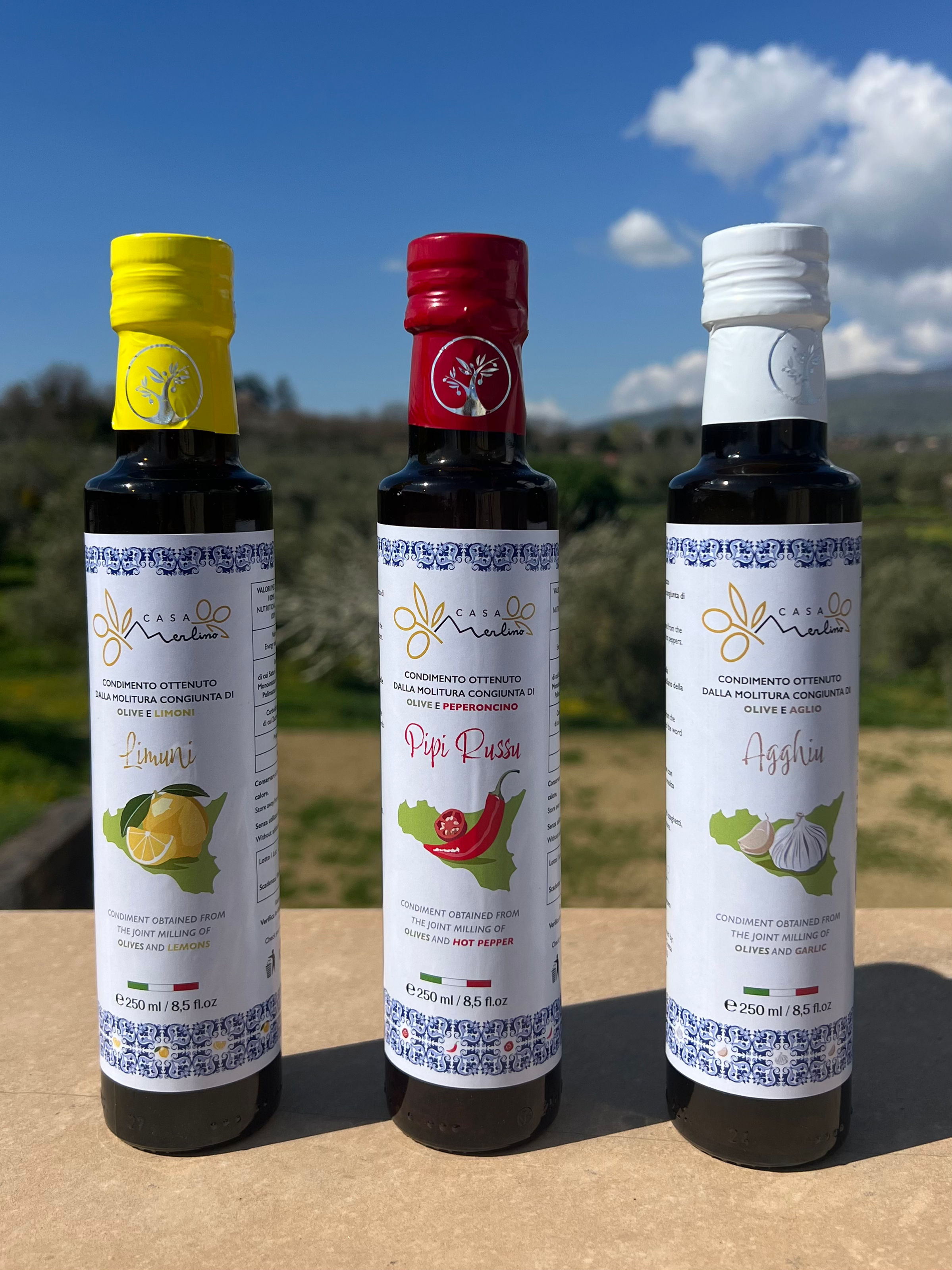 SET DA 3 BOTTIGLIE DI 3 TIPI DI CONDIMENTO A BASE DI OLIO EXTRAVERGINE DI OLIVA