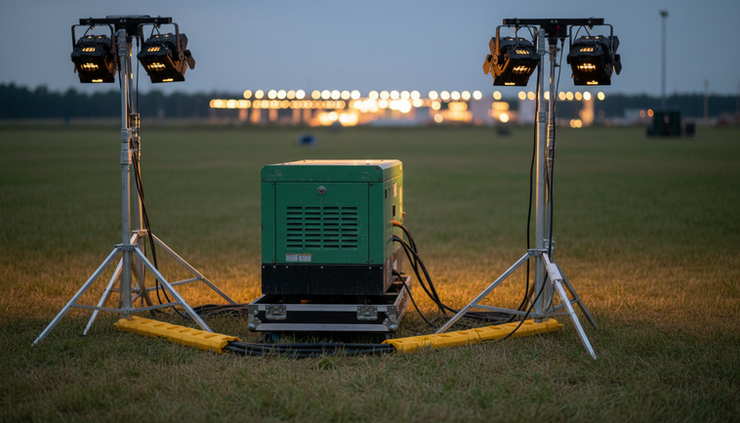 Eye-level view of a quiet generator placed behind temporary outdoor event lighting