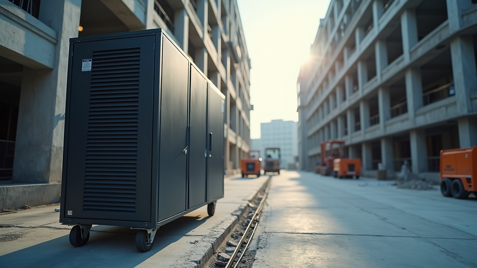 Eye-level view of a mobile UPS system on a construction site
