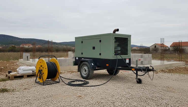 Wide-angle view of a diesel power generator on a trailer beside a rural Croatian construction site