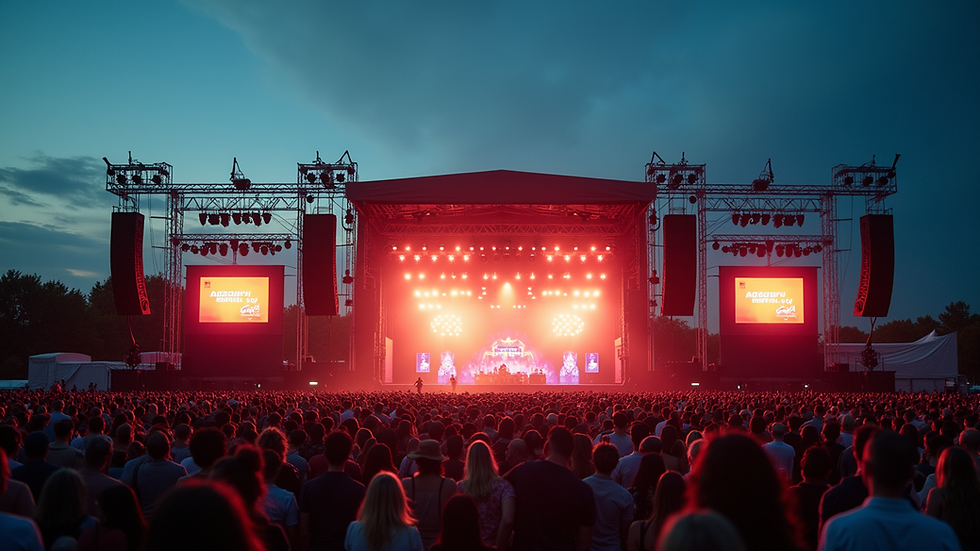 High angle view of a large outdoor festival stage with lighting and sound equipment