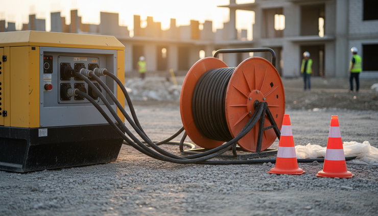 Close-up view of thick power cables connected safely to a portable generator on gravel