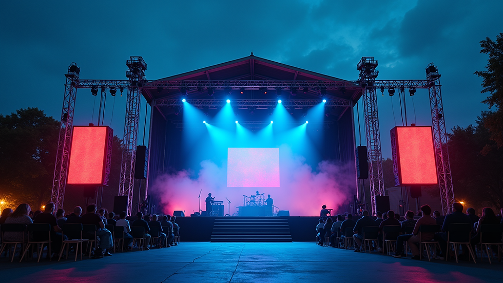 Eye-level view of a large outdoor event stage with lighting and sound equipment