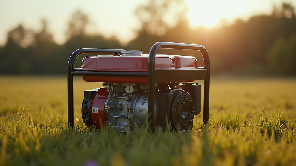 Close-up view of a portable gasoline generator on a grassy field