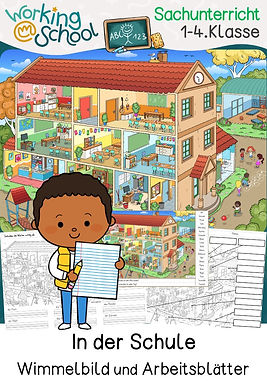 Wimmelbild mit Arbeitsblättern und differenzierten Aufgabenstellungen zum Thema in der Schule für Grundschule Klasse 1 bis 4 in Sacharbeit
