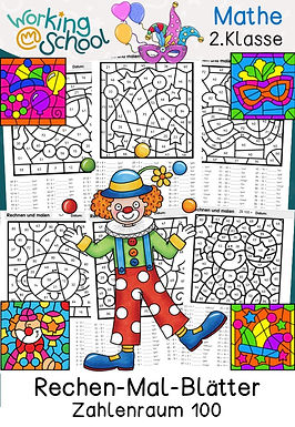 Rechenmalblätter zum Thema Einmaleins und Zahlenraum 100 Fasching und Karneval für Grundschule Klasse 2 in Mathe 