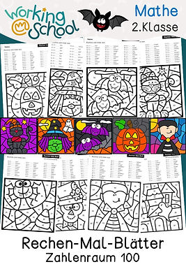 Rechenmalblätter zum Thema Zahlenraum 100 Halloween für Grundschule Klasse 2 in Mathe