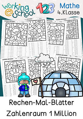 Rechenmalblätter zum Thema Zahlenraum 1 Million Winter für Grundschule Klasse 4 in Mathe