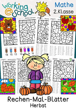 Rechenmalblätter mit Thema Herbst für Grundschule Klasse 2