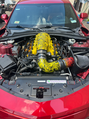 Holley EFI LS Hi-Ram Intake Manifold & Valve Covers Dipped in a Money Baby Design w/ Orange and Yellow Paint 