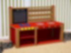 Playground  Play Mud Kitchen with counter top, stove top, shelves, sink, and chalkboard - red at daycare school playground