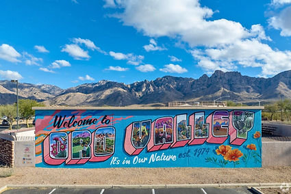 Vibrant mural welcoming visitors to Oro Valley, Arizona, with the phrase “It’s in Our Nature est. 1974.” Each bold letter in “ORO VALLEY” is filled with colorful illustrations of desert wildlife, mountain landscapes, and local flora. Set against a backdrop of the Santa Catalina Mountains and a bright blue sky, the mural captures the town’s pride in its natural beauty and community spirit.
