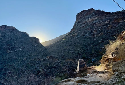 Scenic sunrise over Bear Canyon in Tucson, Arizona, with rugged cliffs, rocky trails, and sparse desert vegetation framed by golden light and shadowed mountains.