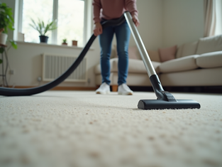 Eye-level view of a professional cleaner vacuuming a living room carpet