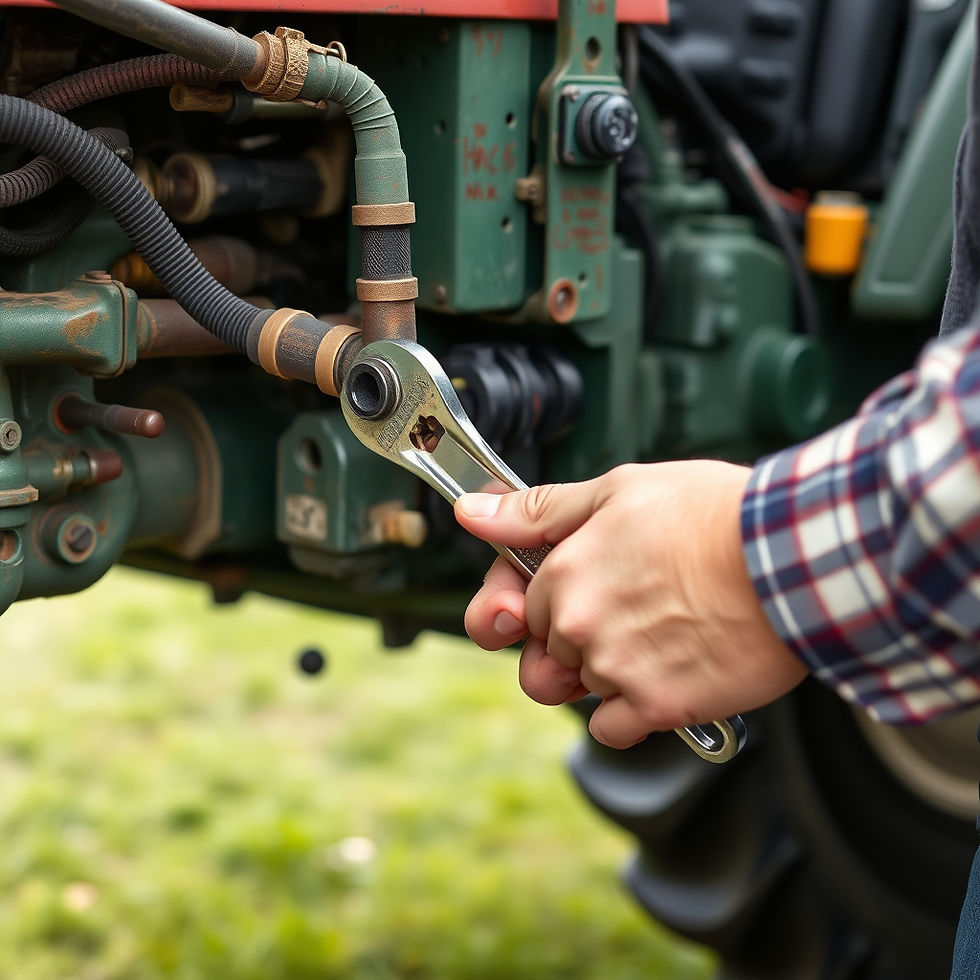 Create an image of hands replacing a hydraulic hose  on a tractor, using a wrench.jpg