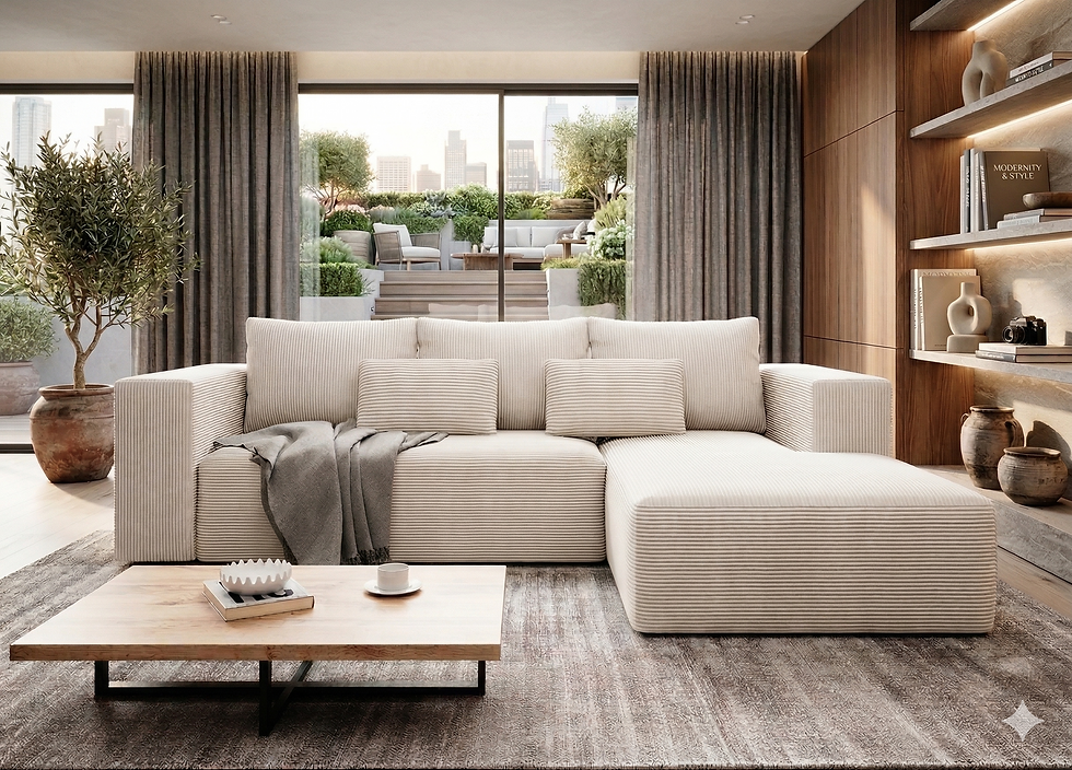 Light cream corduroy L-shaped sectional sofa with plush cushions, modern design, by Sofa Away.