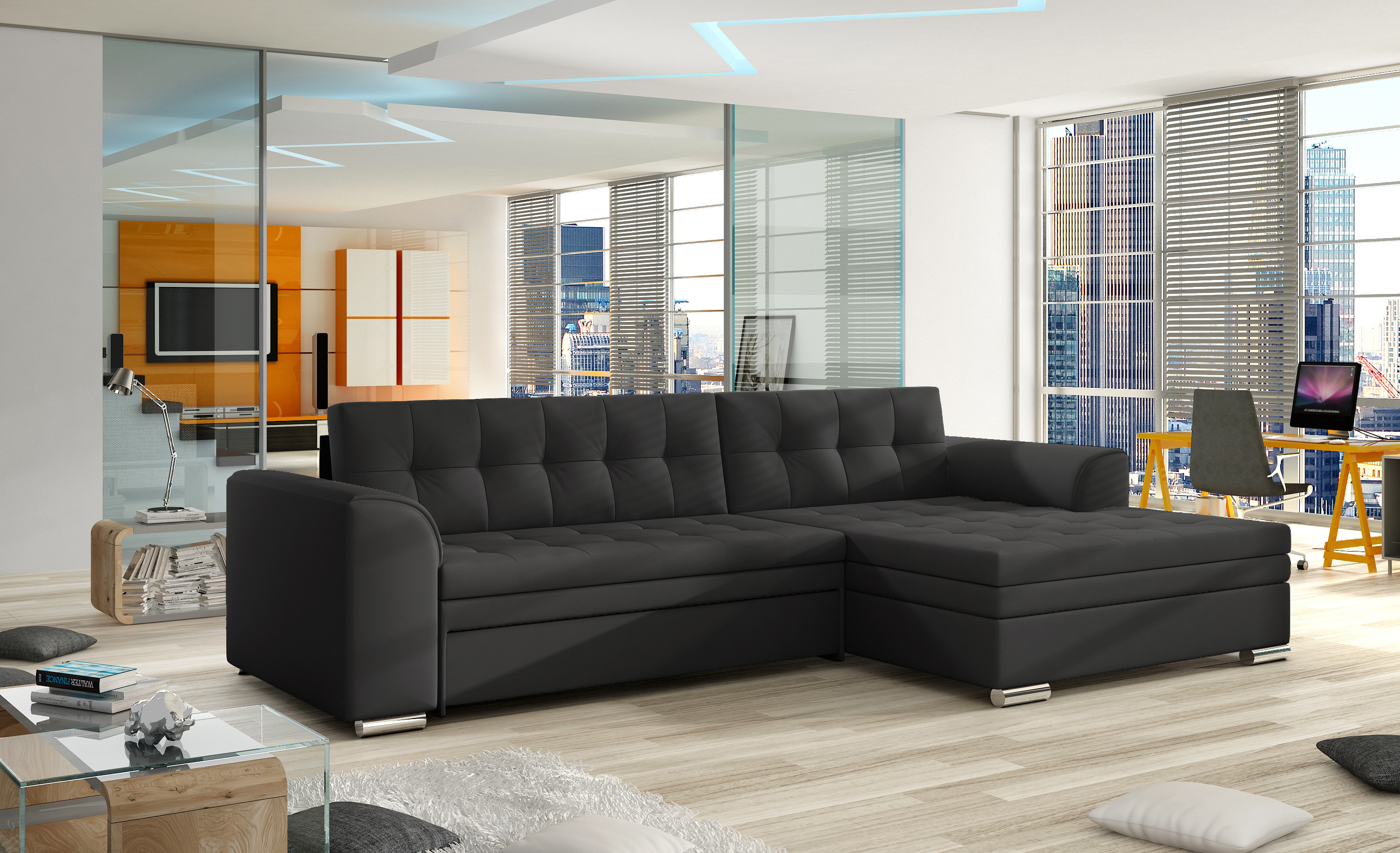 SOFAFORGE RIDGE Modern Faux Leather Corner Sofa Bed with Storage | L-Shape RHF