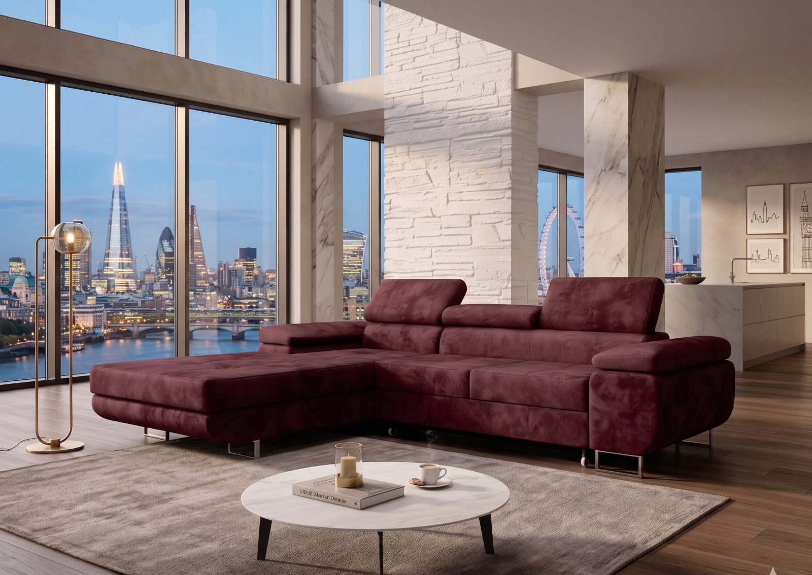 VEYA Monolith Velvet Burgundy Corner Sofa Bed with Storage | 279cm L-Shape