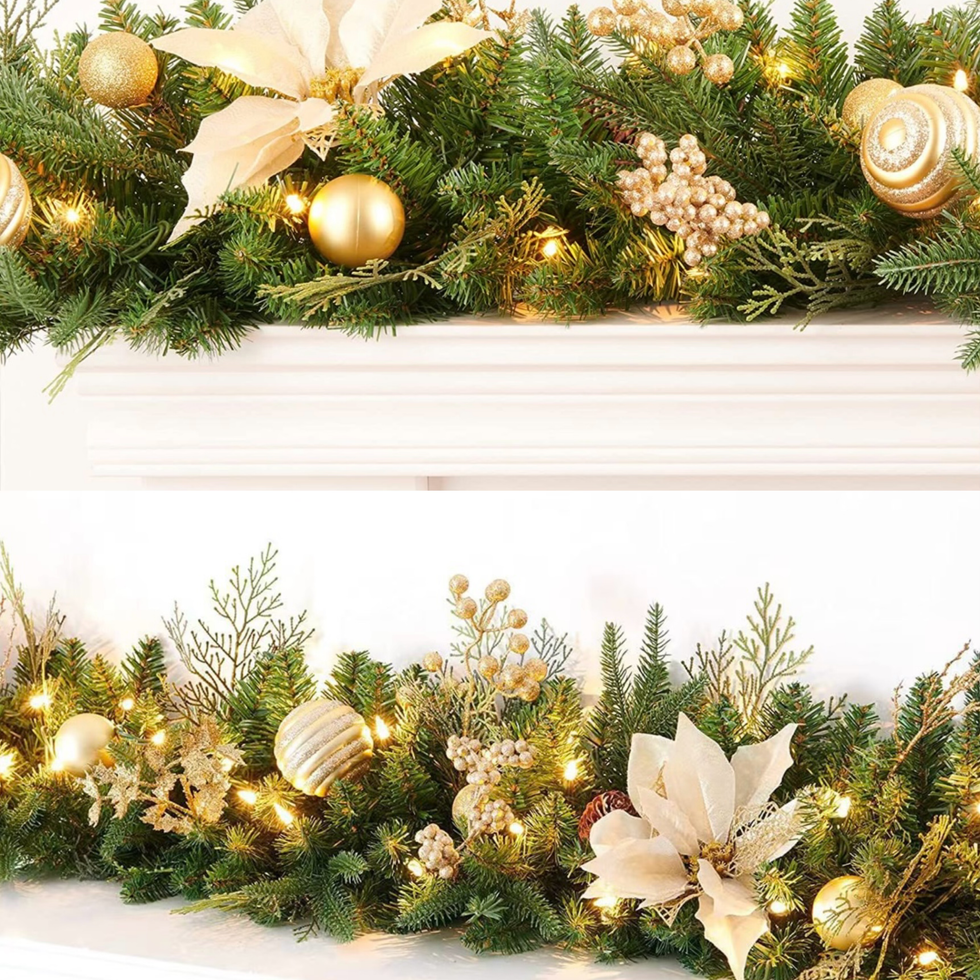 Pre Lit Golden Ornament Christmas Garland With Pine Cone