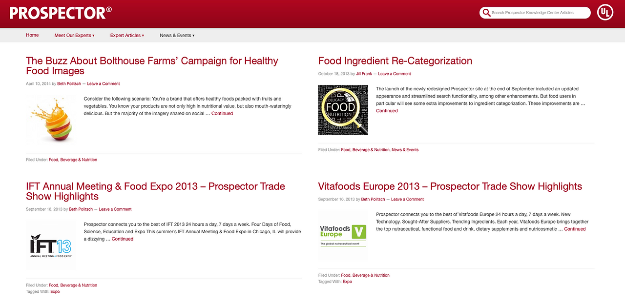 A search results page from the Prospector Knowledge Center in 2014