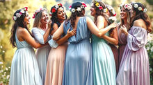 Women in a group hug with flower crowns and long, flowy dresses, laughing and celebrating with confetti in the air around them and a forested background