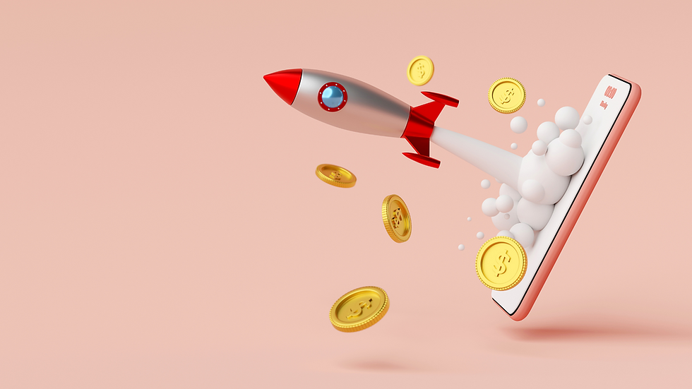 3D illustration of a smartphone app being launched, with rocket elements symbolizing deployment and go-live stage of mobile development.