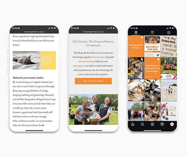 Miscarriage Matters phone screen view of website and Instagram grid