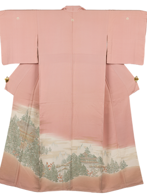 Vintage kimono, Irotomesode (formal kimono), pink, landscape design.
