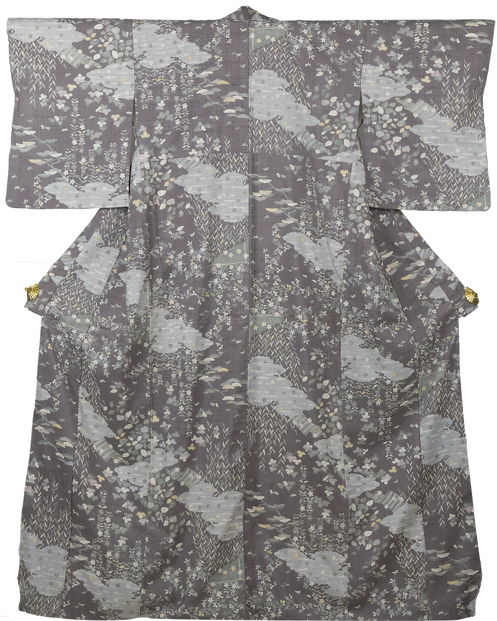 Grey Komon with Clouds and Flowers – Elegant Japanese Charm