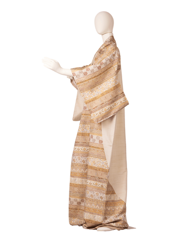 単衣　ゴールデンムガ　訪問着　　正絹　紬 ヴィンテージ紬ゴールデンムガシルク着物 | Heritage Japon